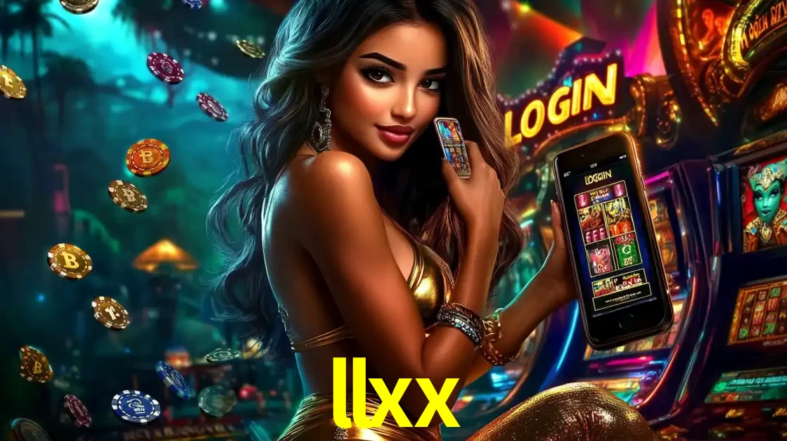 Mulher em um cenário de cassino temático de aventura, mostrando o app de caça-níqueis da llxx no celular. Fichas de apostas flutuam ao redor.