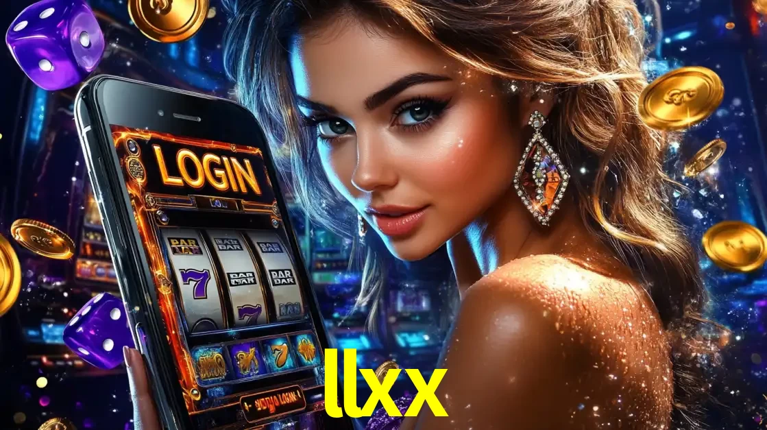 Mulher glamorosa segurando um smartphone com a tela de login para os jogos de caça-níqueis do cassino online llxx, com moedas de ouro e dados ao redor.